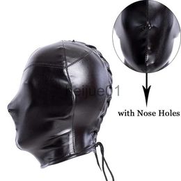 Bondage Soft PU Leather Full Covered Head Hood Mask Nose Holes Blindfold Restraints BDSM Bondage Lace Up Halloween Sex Toys Women Men x0928