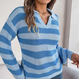 Women's Sweaters Autumn And Winter Leisure Lapel Contrast Striped Long Sleeve Knitted Pullover Sweater Dress/S-M-L