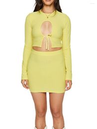 Skirts Women Summer Outfits Solid Color Bandage Cutout Long Sleeve Crop Tops And Elastic Mini Skirt Set Clubwear