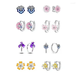 Hoop Earrings Flower For Women 925 Silver Original Pave CZ Pink Daisy Pansy Cactus Sunflower Luxury Fine Jewellery Gift