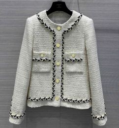 Womens Wool Blends High quality designer celebrity twist trim beige tweed coats oneck single breasted chain Woollen coat 230927