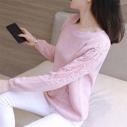 Women's Sweaters Women Sweater Cozy Stylish Fall Winter Lace Flower Applique Thick Knitted Warmth Soft Round Neck Pullover Loose