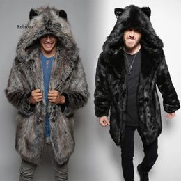 Men's Fur Faux Fur Men's Faux Fur Thick Warm Coat Long Sleeve Fashion Hooded Jackets Bear Plush Cardigan Blouse Casual Male Parka Snow Wear Winter 230927