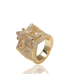 Fashion Hip Hop Mens Bling Ring Trendy Yellow White Gold Plated Bling CZ Diamond Star Rings for Men Women Nice Gift2998