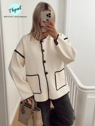 Womens Jackets Women Patchwork Pocket Long Sleeve Knit Coat Lady Fashion Single Breasted Cardigan Coats Autumn Winter Female Warm Street Jacket 230927