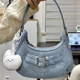 Evening Bags Korean Denim Shoulder Bag Y2K Style Star Decor Female Underarm Bag INS Hobos Bag Vintage PU Leather Handbag for Women Tote Bag 230927