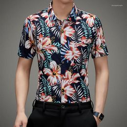 Men's Casual Shirts 2023 Summer Fashion Flower Men Mercerized Cotton Short Sleeve Dress Shirt