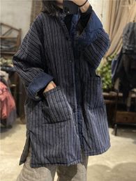 Women's Trench Coats Women Loose Striped Stand Collar Parkas Ladies Linen Vintage Coat Female 2023 Autumn Winter Padded