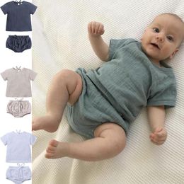 Clothing Sets 6-24M Little Baby Boys Girls Clothes Cotton Linen 2 Pieces Set Soild Lace-up Pullover T-Shirt Shorts Belt Children Outfits