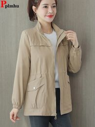 Womens Trench Coats Korean Women Casual Lapel Drawstring Windbreake Spring Loose Gabardina Khaki Midlength Jacket Big Size 4xl Abrigos 230927