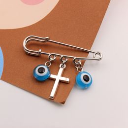 S3826 Fashion Jewellery Turkish Style Silver Cross Evil Eye Pendant Pin For Women Blue Eyes Clasp Brooch Pins