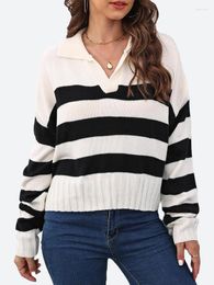 Women's Sweaters Benuynffy Womens Polo Collar Colour Block Striped Casual Short Sweater Fall Winter Drop Shoulder Knitted Pullover Tops