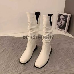 Boots 2023 New Women Boots Square Toe Western Cowboy Martin Boots Women Knee-High Boots Chunky Wedges Autumn Knight Botas x0928