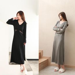 Women's Sleepwear Nightdress With Breast Pad Autumn Modal Lace Long Sleeved Nightgown Lady Open Fork Sexy Dress Large