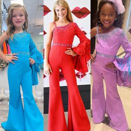 Girl Pageant Jumpsuit Dress 2024 Bell Sleeve Kid Romper Birthday Formal Cocktail Party Gown Toddler Teen Little Miss Rising Star On-Stage Fun Fashion Interview Turq