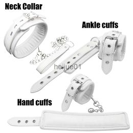 Bondage Bdsm Bondage Restraints Adjustable Leather Neck Sexy Padded White Handcuffs Ankle Cuff Collar Adult Sex Toys Exotic Accessories x0928