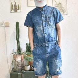 Men's Jeans Short Summer Sleeved One Piece Men Jumpsuits Single Breasted Denim Overalls Boys Knee Length Shorts Ripped Washed Trousers