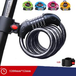 Bike Locks Bicycle Lock 5 Digit Code 1200mm*12mm Anti-theft Lock Bike Security Accessory Steel Cable Cycling Bicycle Lock 230928