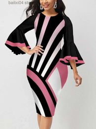 Basic Casual Dresses Fashion Geometric Printed Round Neck Flared Sleeve Women's Dress T230928