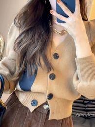 Women's Knits Autumn Fashion Street Khaki Cardigan 2023 Contrast Color Love Sweaters Slim Fit Slimming Long Sleeved Top