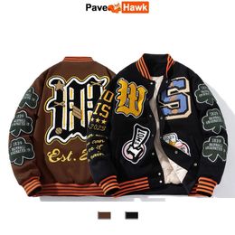 Men's Jackets Embroidery Varsity Jacket Men Women Letter Winter Thicken Baseball Jackets Hip Hop Woolen Coat Warm Outwear Bomber Parkas Brown 230927