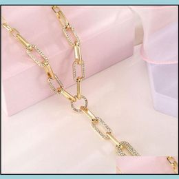 Chains Necklaces & Pendants Jewellery Gold Sier Colour Paper Clip Thick Chain Necklace Female Sweater Aessories Shiny Rhinestone Stit216A