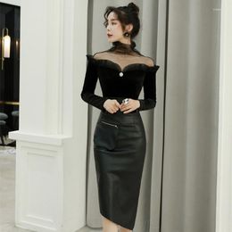 Work Dresses Spring Party Elegant Women Suit Black Long Sleeve Patchwork Top And Bodycon Vintage Asymmetrical PU Leather Skirt 2 Piece Set