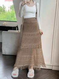 Skirts TIGENA Elegant Slim Hip Wrap Maxi Knitted Skirt Women 2023 Fall Winter Fashion Hollow Out Tassel High Waist Long Female