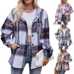 Womens Wool Blends Autumn and Winter Fashion Simple Casual Hooded Plaid Shirt Loose Comfortable Commuting Medium Length Coat 230927