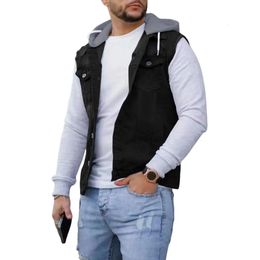 Men's Vests Men Hooded Vest Denim Patchwork Streetwear Autumn Winter Single Breasted Drawstring Waistcoat for Daily Wear 230927