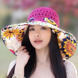 Wide Brim Hats Sun Hat Ethnic Style Print Patchwork Colour Bow Tied Decor Summer Women Big Floppy Straw