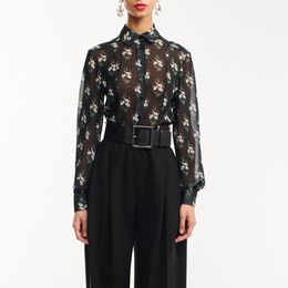 European fashion brand black silk long sleeve floral printed blouses