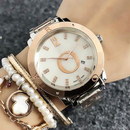 Fashion Brand Women Girls crystal steel metal band Date Calendar Quartz Pan wrist Watch P57308Z