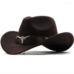 Berets 2023 Western Cowboy Hat Roll Brim Cowgirl Cap Jazz Fedora Hats Felt With Cow Band For Women Men Children Gifts