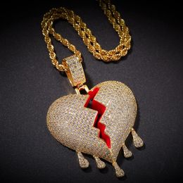 Iced Out Broken Heart Pendant Necklace Mens Womens Fashion Hip Hop Jewellery Gold Silver Water Drop Necklaces273u