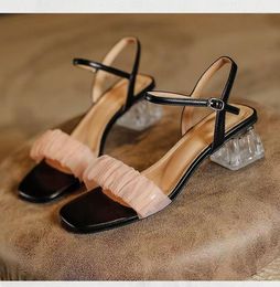 2024 Sandals Summer Plus Size Women One-line Pleated Sweet Heels Buckle Transparent Heel Sandalias De Tacon v