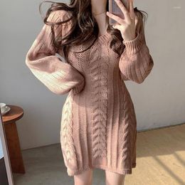 Casual Dresses 2023 Korean Knitted Sweater For Women Vintage Solid Slim Wrap Long Sleeve Mini Dress Autumn Streetwear Jumper