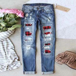 Women's Jeans 2023 Red Plaid Ripped Style Waist Type Fit Wash Length Age Decoration Elasticity