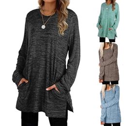 Womens Blouses Shirt Casual Solid Color Sweatshirt Long Sleeve Blouse Pockets Split Hem Tunic de mujer 230927