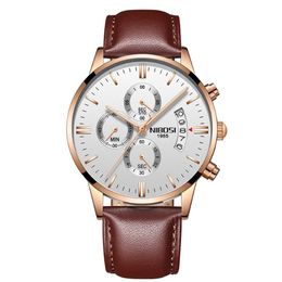NIBOSI Brand Quartz Chronograph Fine Quality Leather Strap Mens Watches Stainless Steel Band Watch Luminous Date Life Waterproof W2953