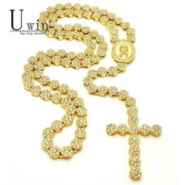 UWIN Iced Out Rosary Flower Necklace Link Bling Rhinestone Gold Cross Jesus Head Pendant Mens Hip hop Necklace Chain210P