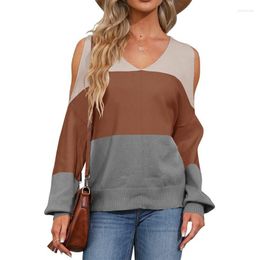 Women's Sweaters 2023 Autumn Winter Ladies V-neck Color-Block Sweater Fashion Pullover Off Shoulder Loose Lantern Knitwear Jumper