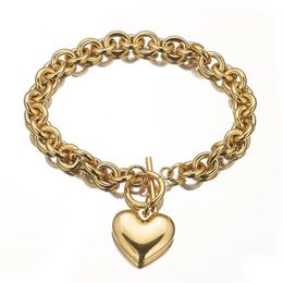 Whole Or Retail Charming 316L Stainless Steel Silver Colour Gold Rolo Oval Link Chain With Solid Heart Mens Womens Bracelet220E