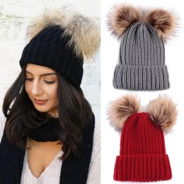 Winter Beanie Hat for Women Knitted Double Pom Pom Faux Fur Raccoon Ball Cap Bobble Skull Hat