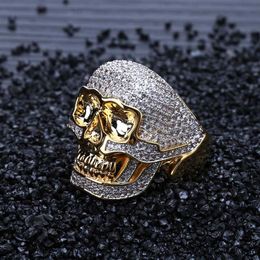 Hip Hop Copper Two Tone Skull Ring Iced Out Micro Paved Cubic Zircon Punk Fahion Ring for Men Women2588