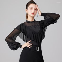 Stage Wear 2023 Latin Dance Top Women Autumn Summer Adult Long Sleeve Square Performance Clothing