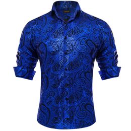 Men's Dress Shirts Luxury Royal Blue Paisley Silk Wedding Party Performence Shirt for Men Social Clothing camisas de hombre 230927