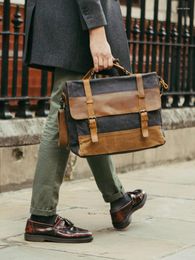 Briefcases Oil Wax Canvas Handbag Mens Waterproof Shoulder Bag Vintage Leather 14" Laptop Messenger Bags Large