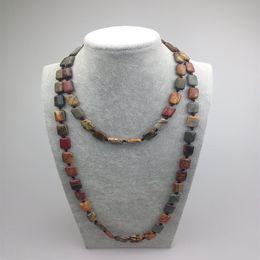 ST0004 Square picasso jasper Bead 42 inch Knotted Long semi precious stone necklaces New Design Necklace 198E