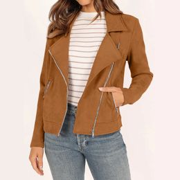 Women' Blend'S Faux Suede Moto Jacket Autumn Winter Fashion Long Sleeve Zipper Short Casual Coats With Pockets Vintage Women'S Jacket 230927